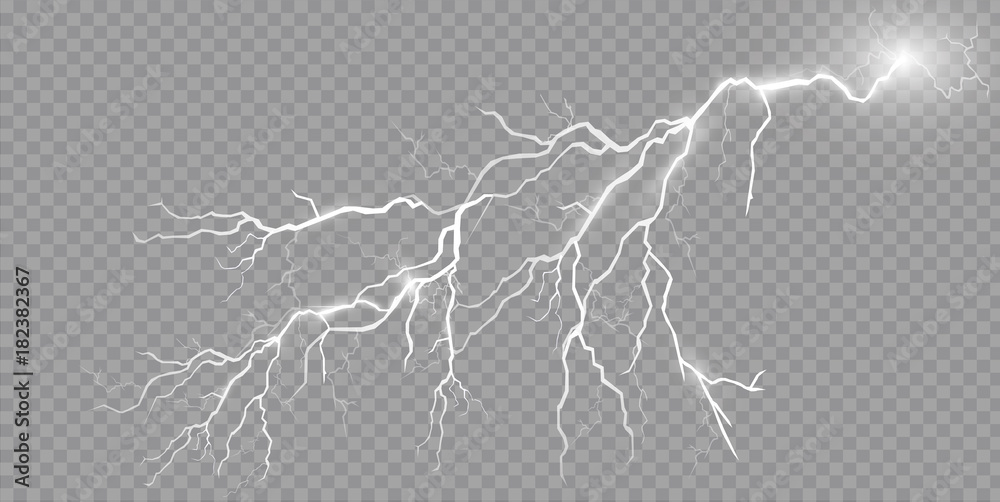 Set of lightnings. Thunder-storm and lightnings. Magic and bright lighting effects. Vector Illustration - obrazy, fototapety, plakaty 