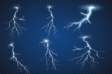 Wall Mural - Set of lightnings. Thunder-storm and lightnings. Magic and bright lighting effects. Vector Illustration