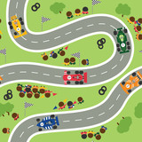 Sport car drivers overcome the track in front of the fans seamless pattern.