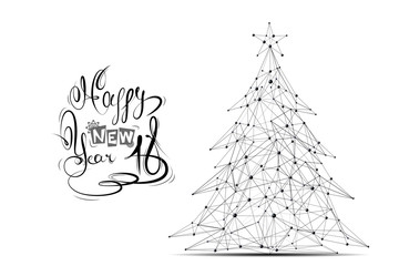 Leinwandbilder - Abstract mash line and point Christmas tree on white background with an inscription. Starry sky or space, consisting of stars and the universe. Vector happy new year illustration