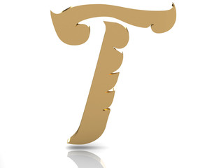 Wall Mural - 3d rendering of the letter T in gold metal on a white background.