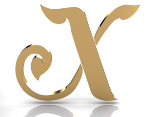 Wall Mural - 3d rendering of the letter X in gold metal on a white background.