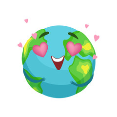 Sticker - Funny Earth planet character with pink heart shaped eyes, cute globe with smiley face and hands vector Illustration