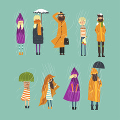 Poster - Cartoon flat people characters set freezing outside. Rainy and snowy weather. Boy with bouquet of flowers, man in raincoat, girl with umbrella