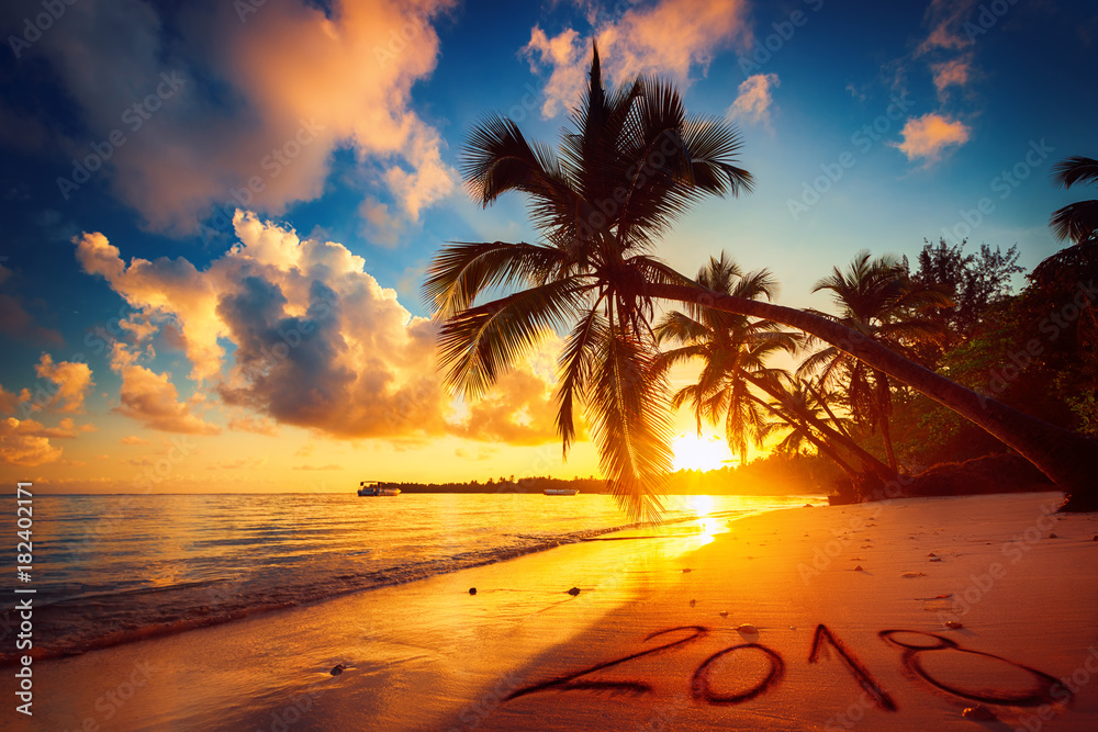 Happy New Year 2018 concept, lettering on the beach. Sea sunrise. - obrazy, fototapety, plakaty 