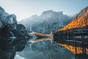 Wall Mural - boats on the braies lake ( pragser wildsee ) in dolomites mountains, sudtirol, italy