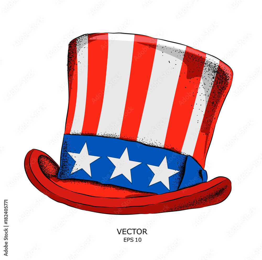 An old American hat with a flag. National Symbols of the USA. Vector illustration Adobe Stock