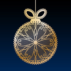 Canvas Print - Decorative golden lace Christmas ball toy on dark blue background