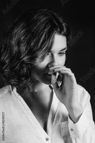 Black And White Portraite Of Young Beautiful Sad Woman Actress