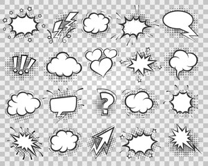 Wall Mural - comic elements. cartoon sketch speech bubble and drawing bubbly box element set like heart and ballo