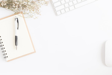 Wall Mural - flat lay photo of office desk with mouse and keyboard,white copyspace with pen top view