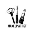 Makeup artist logo banner. Business card and logo concept. Beauty Set for make-up: lipstick, mascara brush, makeup brush. Logo vector template illustration