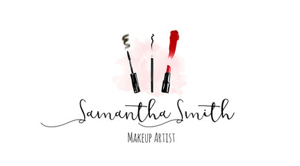 Wall Mural - Makeup artist business card. Vector template with make up items - makeup brush, pencil, eyeliner, red lipstick and mascara brush with trace and smear. Fashion and beauty logo concept business cards.