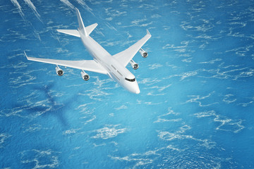 Poster - White Jet Passenger's Airplane Fly over Ocean. 3d Rendering