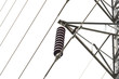 Close up of high voltage insulator.Insulator and wires installed on pylon power transmission, low angle view.