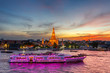Wat Arun and cruise ship in twilight time, Bangkok city, Thailand