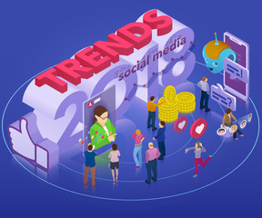 Poster - Trends in social network 2018. Flat 3d isometric banner. Chatbot, video broadcast, stories, SMM promotion, online analytics. Inspiration concept template layout, diagram. Vector illustration.