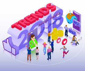 Poster - Trends in social media 2018. Chatbot, video broadcast, stories, SMM promotion, online analytics. People in social network. Inspiration concept template layout, diagram. Flat 3d isometric banner.