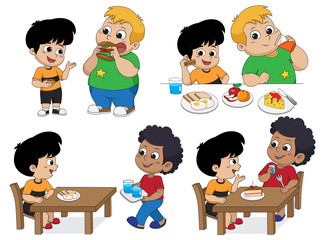 Wall Mural - Set of Kid eating delicious food with friends.Vector and illustration.