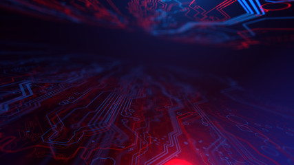 Technology Terminal Background. Digital red blue backdrop. Printed circuit board. Technology wallpaper. 3D illustration. Circuit board futuristic server code processing.