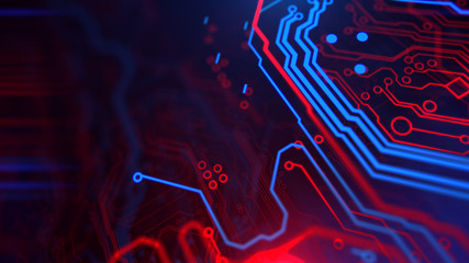 Poster - Red and Blue Digital Integrated Technology. Technological background. PCB. Printed circuit board. Computer motherboard. 3d illustration.