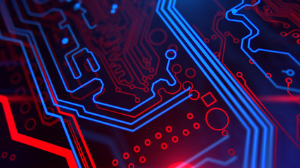Poster - Red and Blue Digital Integrated Technology. Technological background. PCB. Printed circuit board. Computer motherboard. 3d illustration.