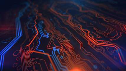 Poster - Orange Yellow and Blue Digital Hardware Technology. Computer background. PCB. Printed circuit board. Computer motherboard. 3d illustration.