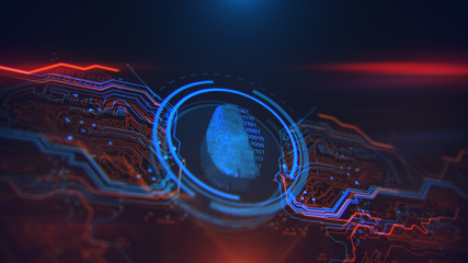 Access control. Fingerprint security. Cybersecurity and information technology. Blue, red background with digital integrated network technology. Printed circuit board. Technology background.