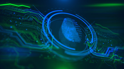 Poster - Access control. Fingerprint security. Cybersecurity and information technology. Blue, green background with digital integrated network technology. Printed circuit board. Technology background.