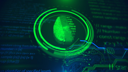 Poster - Cybersecurity and information technology. Blue, cyan, green background with digital integrated network technology. Printed circuit board. Technology background. 3D illustration. PCB, Code, HTML.