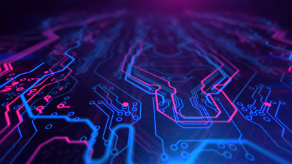 Poster - Purple, violet, blue neon background with digital integrated network technology. Printed circuit board. 3D illustration. Circuit board futuristic server code processing. PCB, Code, HTML.