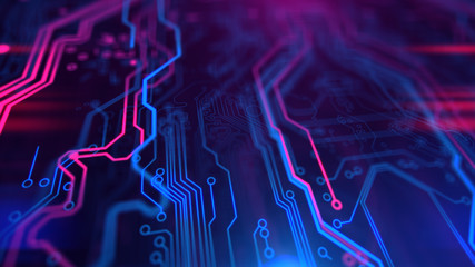 Poster - Purple, violet, blue neon background with digital integrated network technology. Printed circuit board. 3D illustration. Circuit board futuristic server code processing. PCB, Code, HTML.