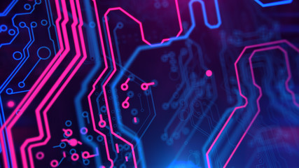 Poster - Purple, violet, blue neon background with digital integrated network technology. Printed circuit board. 3D illustration. Circuit board futuristic server code processing. PCB, Code, HTML.