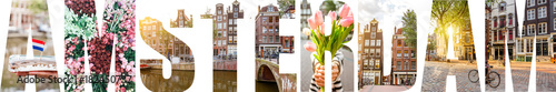 Photo AMSTERDAM letters filled with pictures of famous places and cityscapes in Amster