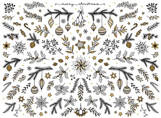 	
Hand sketched floral design elements for Christmas: pine tree branches, holly, mistletoe and other floral ornaments for text decoration, black ink with gold foil