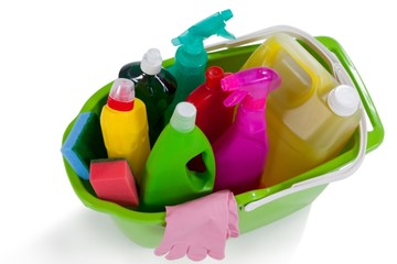 Wall Mural - Various household cleaning supplies in a bucket