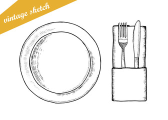 Wall Mural - plate fork and knife vector cutlery. sketch isolated