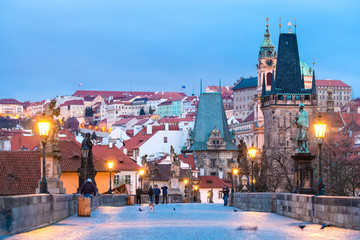 Wall Mural - Prague, Czech Republic - November, 23, 2017: night view to the Charles bridge in the center of Prague