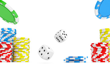 Poster - 3d rendering of four different ace cards with casino chip stacks and white dice.
