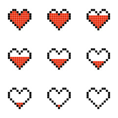 Fototapete - Flat simple illustration of set of minimalistic pixel art vector objects isolated on white background. Color icons in the 8 bit style. Colorful pixel graphic symbols group collection. Vector image.