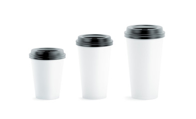 Fototapete - Blank white disposable paper cup mock ups with black lids isolated, 3d rendering. Empty coffee drinking mug mockup front view. Clear tea take away plastic package, cofe shop branding template.