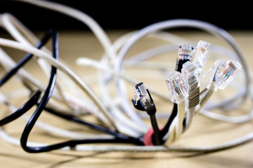 Rj45 cords on the stage. Computer accessories used in network connections.