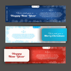 Wall Mural - Vector set of greeting cards for Happy New Year and Merry Christmas with white, blue and red background with snowflakes pattern.