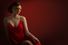 Sexy Woman Mask, Sensual Girl Carnival Masquerade, Beauty Fashion Model In Red Dress