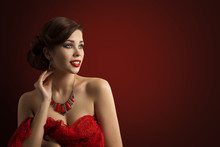 Fashion Model Beauty Portrait, Sexy Woman In Red, Beautiful Girl Makeup And Hairstyle