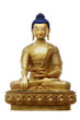 Beautiful shining classical Buddha Shakyamuni (Siddhartha Gautama) golden statue with open eyes isolated on the white background. The figurine made in traditional Tibetan style