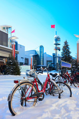 Wall Mural - Bicycles on snowy street of winter Rovaniemi