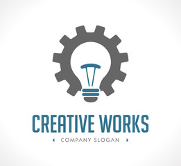 Power of creation logo - working gears and light bulb concept