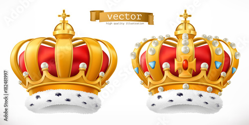 Gold crown, king. 3d realistic vector icon