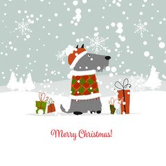 Wall Mural - Christmas card, santa dog with gifts. Symbol of 2018